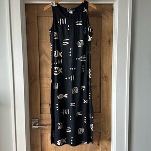 Molly Malloy VTG Painted Fish Maxi Dress Womens 8 Sleeveless Black/Cream Beach